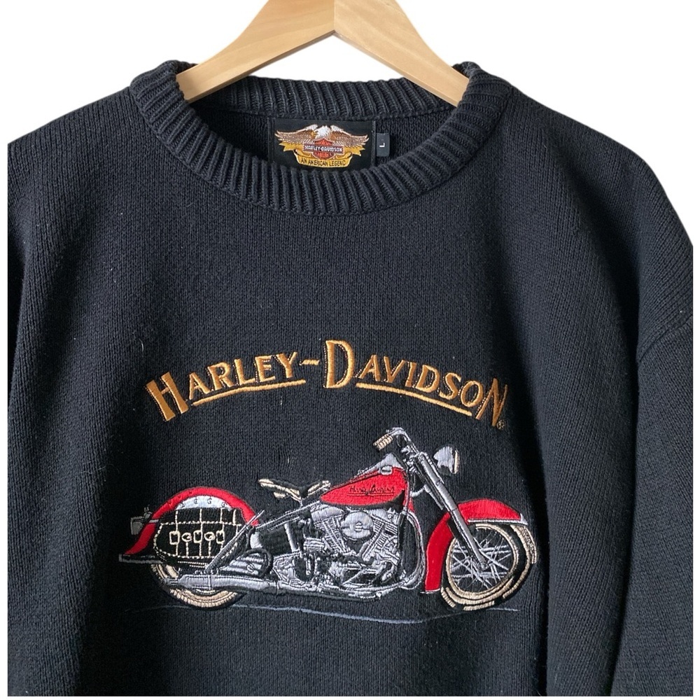 Harley-Davidson Vintage 90s Men Motorcycle Embroidered Black Crewneck Sweater L - Picture 3 of 5